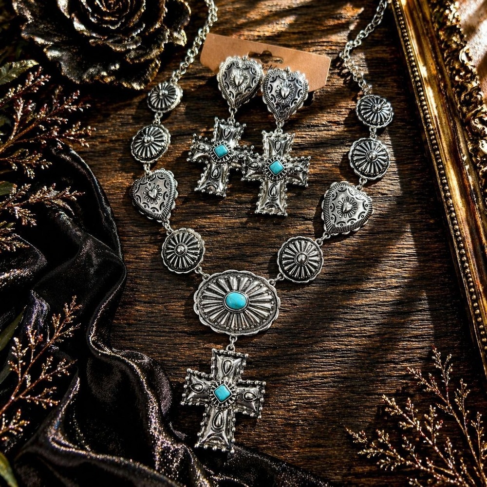 Western Concho Cross Statement Jewelry Set –Turquoise Accent Necklace & Earrings